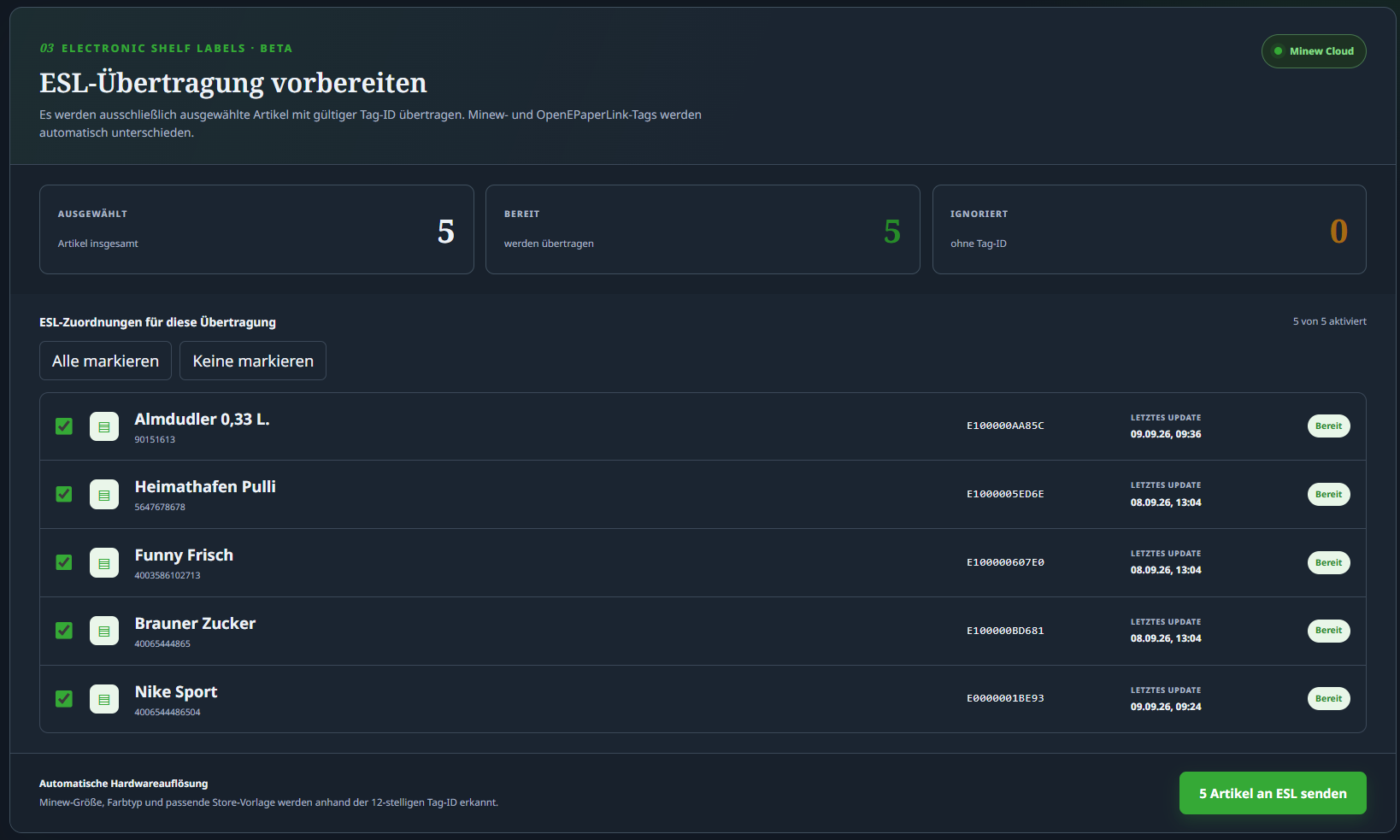 Vorbereitung der Übertragung ausgewählter Artikel an ESL Displays
