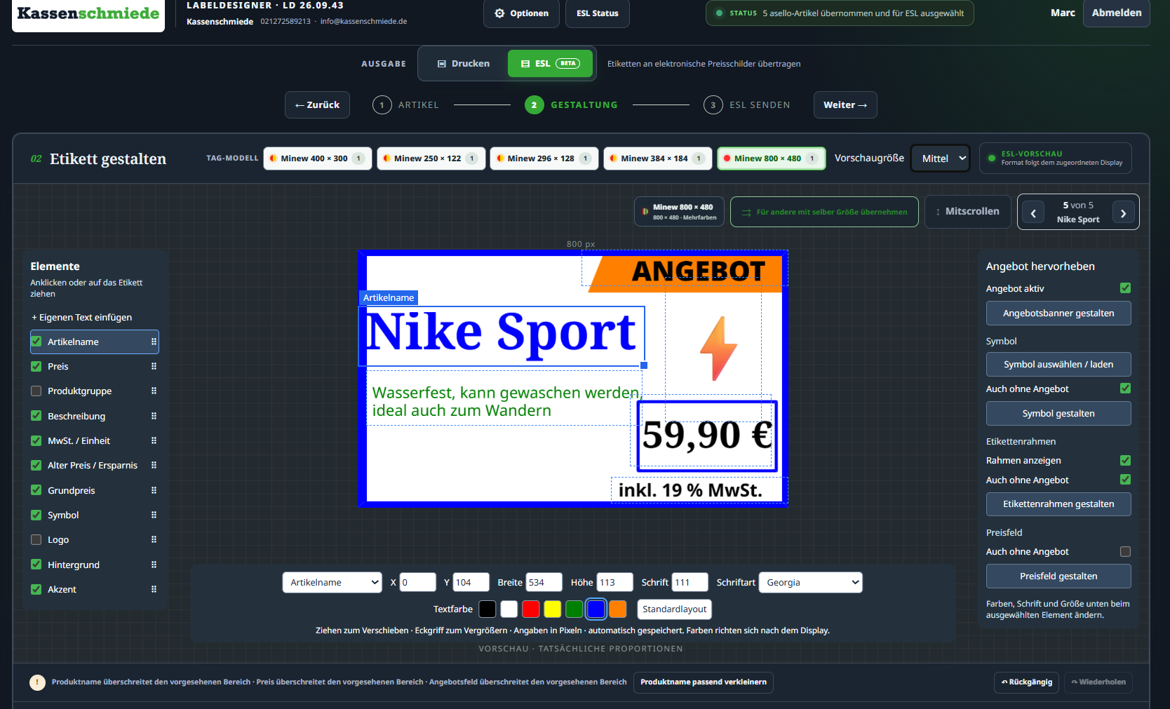 ESL-Ansicht im Labeldesigner mit digitalen Preisschildern