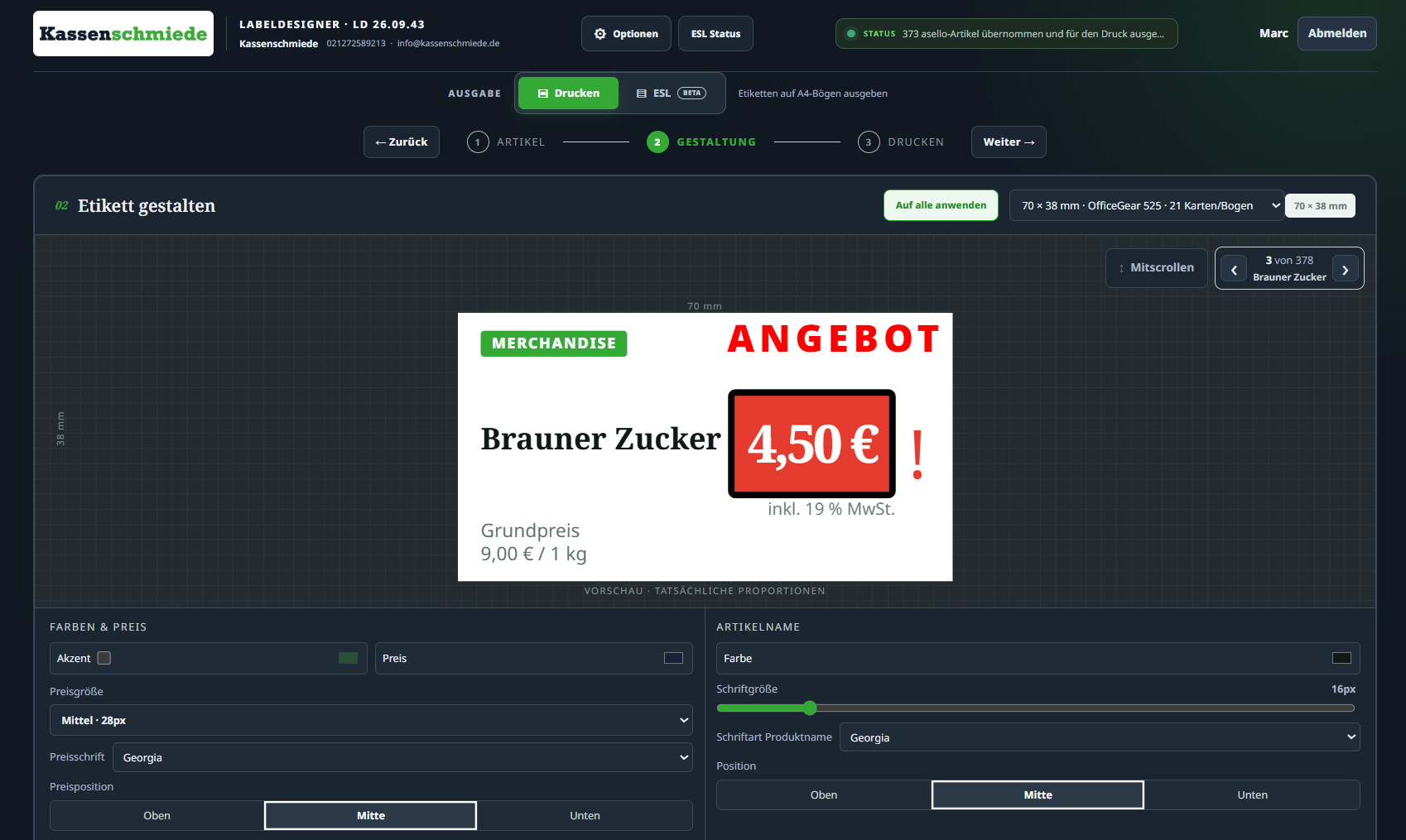 Gestaltung eines Preisetiketts im Labeldesigner