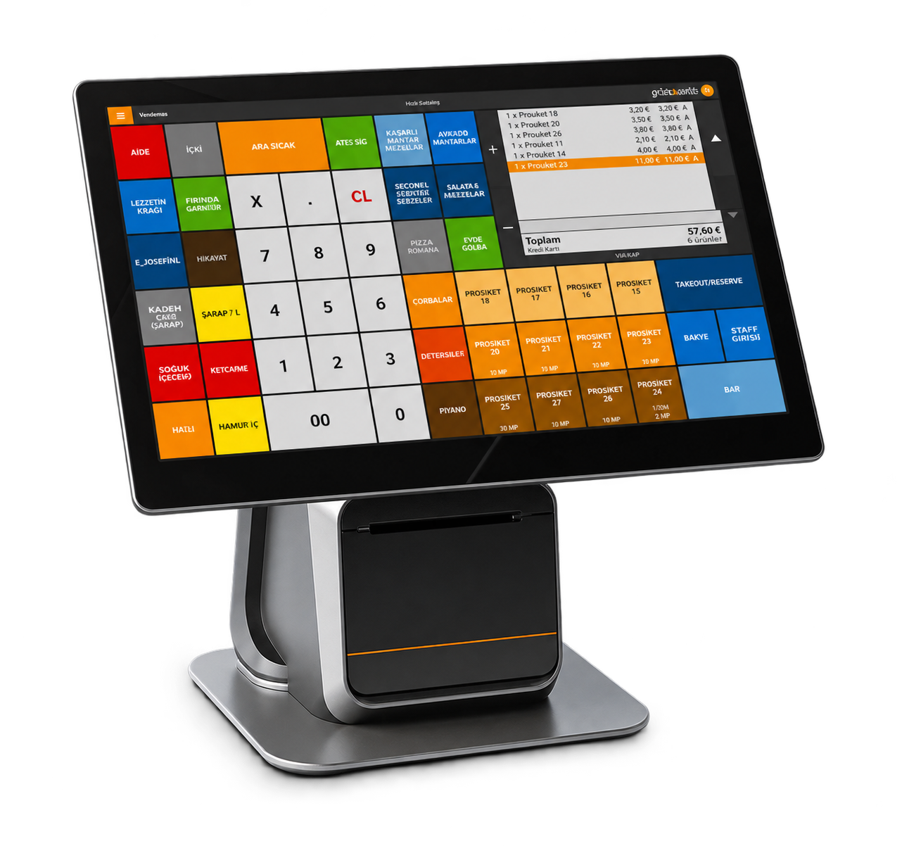 Touch-Kassensystem mit Standfuß für die Ausgabe von Essens- und Getränkebons