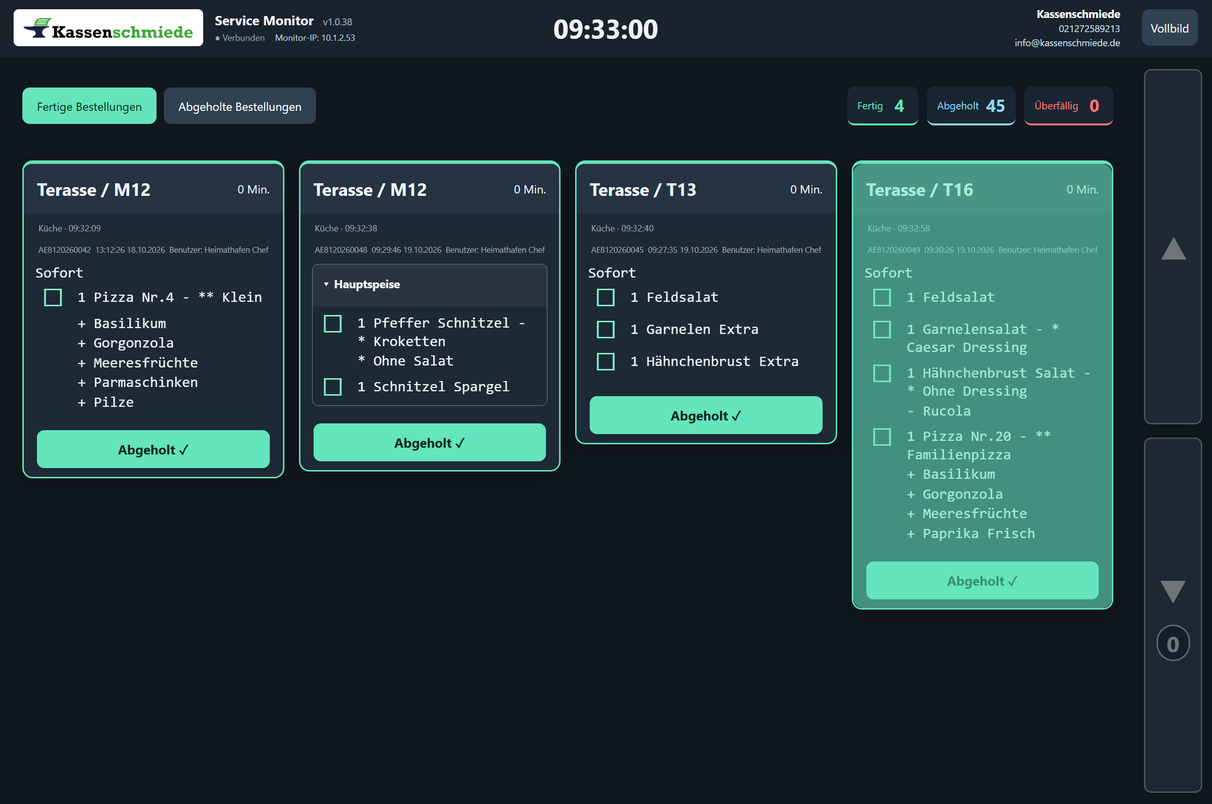 Service Monitor am Pass mit fertigen Bestellungen