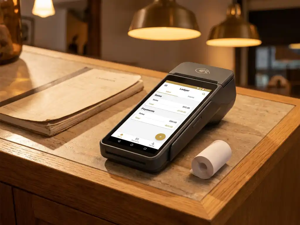 Android-Kassensystem mit digitalem Kassenbuch auf Ladentheke, daneben Papierkassenbuch und Thermobon, warmes Innenraumlicht.