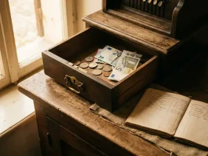 Geöffnete Vintage-Holzkasse auf einem Ladentresen mit Euro-Münzen, Scheinen und handgeschriebenem Kassenbuch im warmen Gegenlicht.