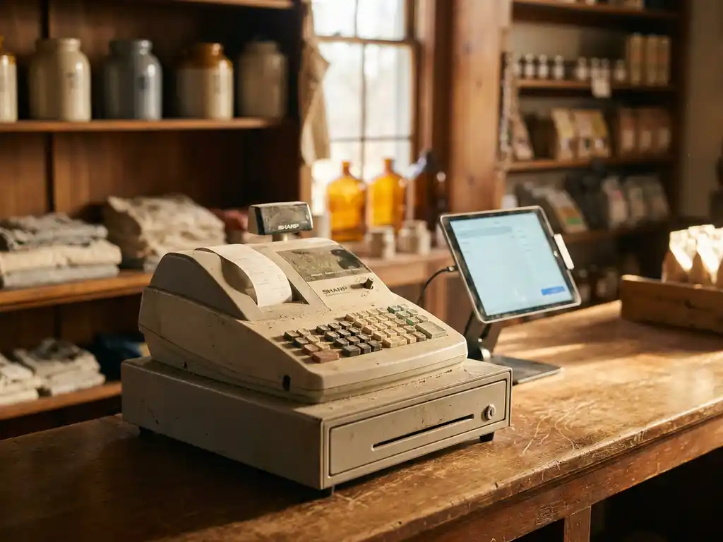Verstaubtes Sharp-Kassensystem auf einem Ladentresen neben einem modernen POS-Tablet, warmes Licht und Holzregale im Hintergrund.