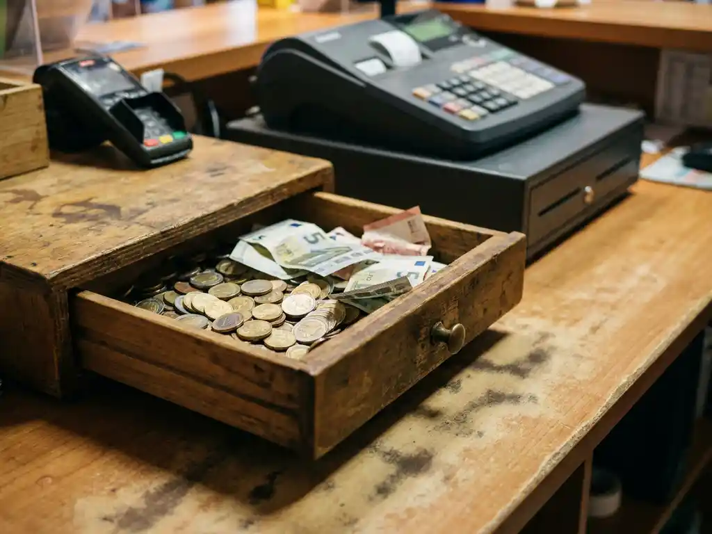 Verwitterte Holzkassenschublade mit Euromünzen und zerknitterten Scheinen auf einem Kiosktresen, elektronische Kasse unscharf im Hintergrund.