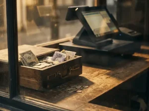 Offene Kassenlade voller Geldscheine und Münzen auf einem Holztresen, modernes POS-Terminal im unscharfen Hintergrund, warmes Gegenlicht.
