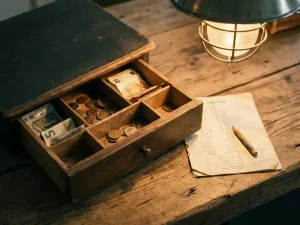 Geöffnete Holzkasse auf rustikalem Ladentisch mit Euro-Münzen, Scheinen, handgeschriebener Strichliste und Bleistift im warmen Lampenlicht.