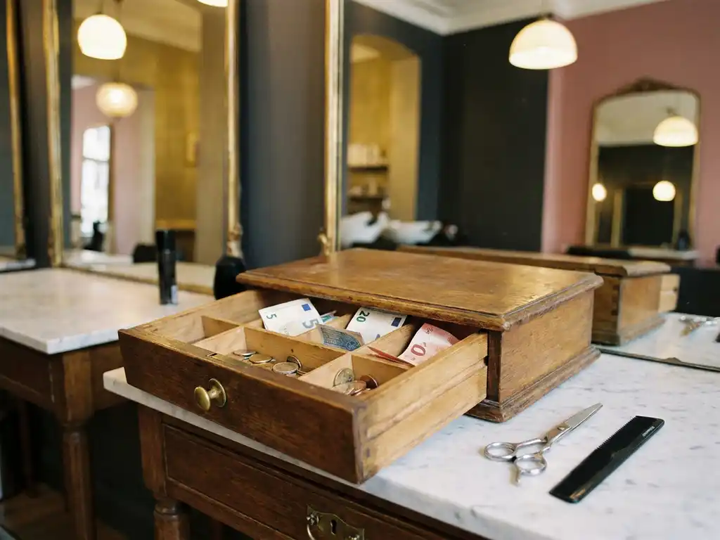 Geöffnete Holzkasse mit Euroscheinen und Münzen auf einem Friseursalon-Tresen neben Schere und Kamm.