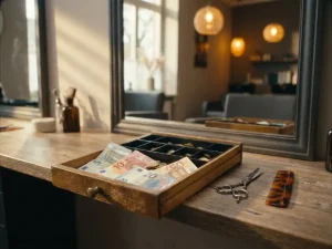 Offene Holzkasse mit Euro-Scheinen und Münzen auf einem Friseursalon-Tresen, Schere und Kamm daneben, Spiegel im Hintergrund.