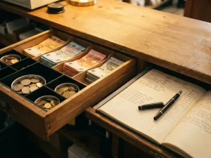 Offene Kassenlade mit sortierten Euro-Scheinen und Münzen neben aufgeschlagenem Kassenbuch mit Stift auf Holztresen.