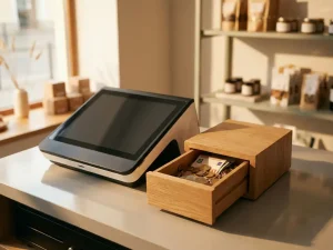 Elektronische Registrierkasse auf Ladentheke neben geöffneter Holzkassenschublade mit Euro-Münzen und Scheinen.