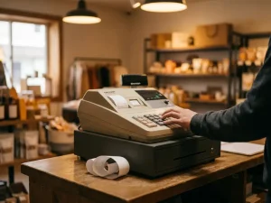 Sharp Kassengerät auf einem Ladentresen mit Kassiererhand auf der Tastatur und aufgerolltem Kassenbon im warmen Licht.