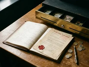 Aufgeschlagenes Ledger-Buch auf Holzschreibtisch neben halbgeöffneter Geldkassette, amtliches Dokument mit rotem Stempel, Euromünzen und Stift.