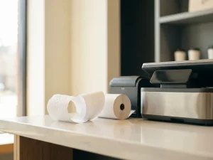 Rolle weißes Thermodrucker-Kassenpapier neben einer Sharp-Registrierkasse auf einem Ladentresen, natürliches warmes Licht.