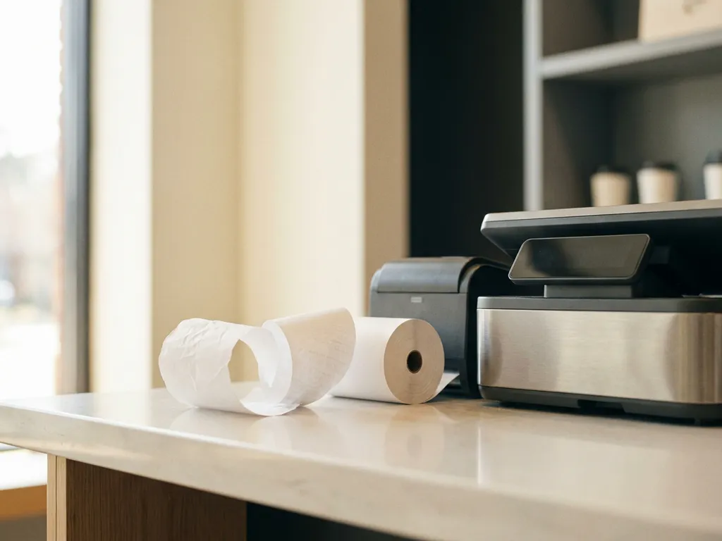 Rolle weißes Thermodrucker-Kassenpapier neben einer Sharp-Registrierkasse auf einem Ladentresen, natürliches warmes Licht.