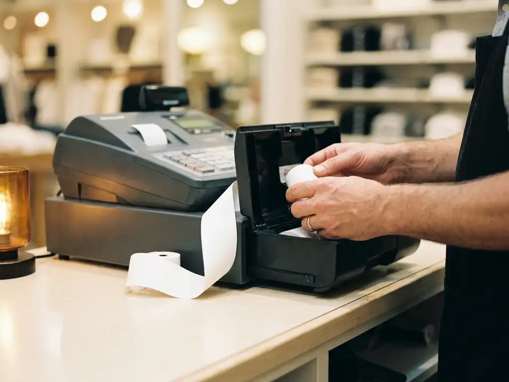 Kassierer lädt eine neue Thermopapierrolle in eine Sharp-Registrierkasse, Nahaufnahme auf Ladentheke.