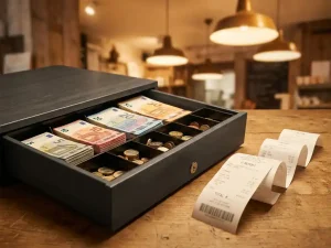 Geöffnete Kassenlade mit sortierten Euro-Scheinen und Münzen neben einem Z-Bericht auf Holztresen, warmes Ladenlicht.