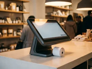 Modernes POS-Terminal auf Ladentheke neben aufgerolltem Thermobonpapier, warme Umgebungsbeleuchtung, Regale unscharf im Hintergrund.