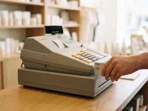 Sharp-Kassensystem auf Ladentheke mit eingesteckter TSE-Sicherheitskarte im Seitenschlitz, unscharfer Einzelhandel im Hintergrund.