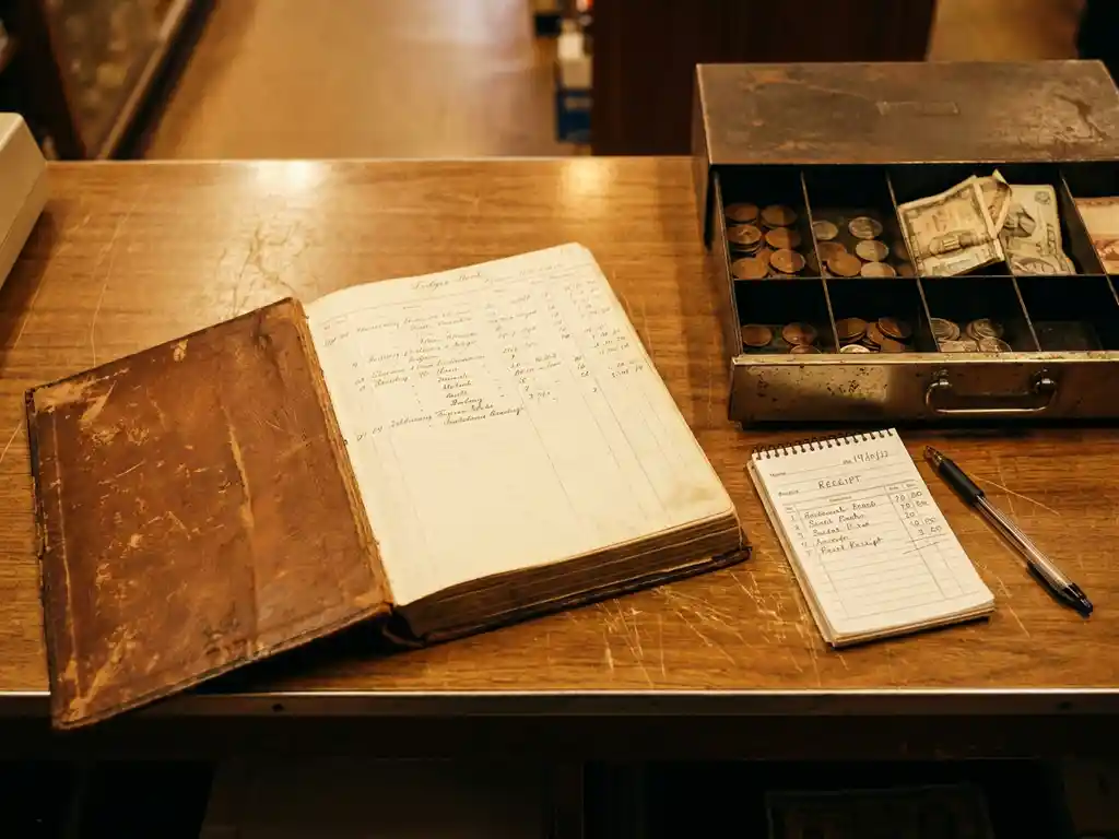 Aufgeschlagenes Ledger-Buch auf Ladentheke neben geöffneter Geldkassette mit Münzen und Scheinen sowie handgeschriebenem Quittungsblock.