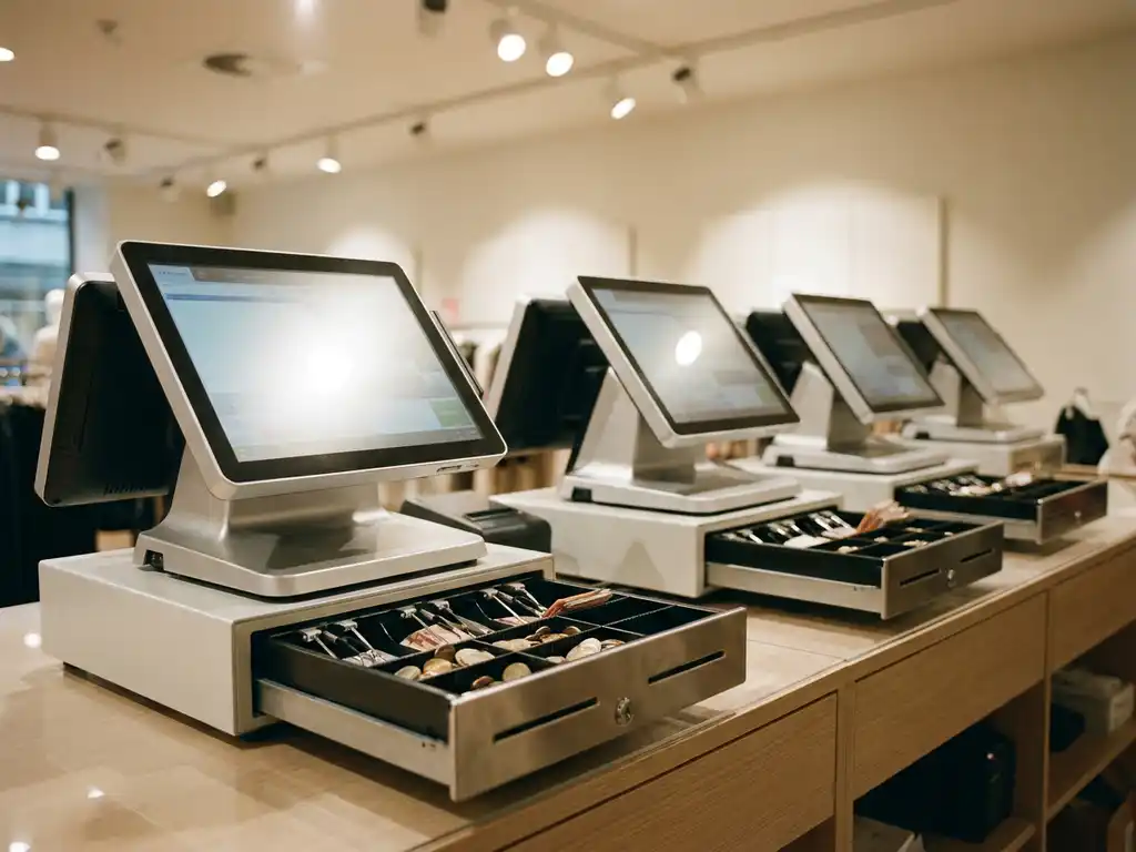 Mehrere moderne POS-Kassensysteme nebeneinander auf einem Verkaufstresen mit geöffneten Kassenschubladen voller Euro-Münzen und Geldscheine.
