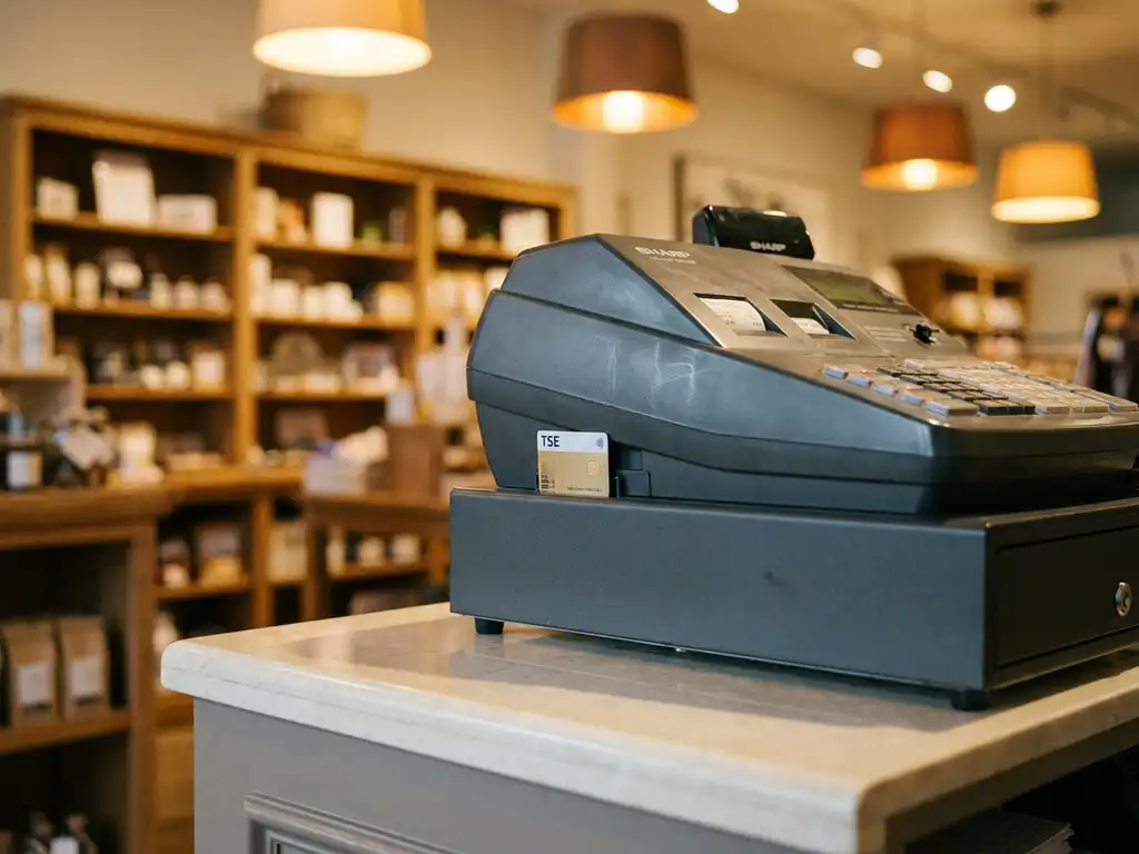 Sharp Kassensystem auf einem Ladentresen mit sichtbar eingesteckter TSE-Sicherheitskarte im Seitenslot, warmes Ambiente mit Holzregalen im Hintergrund.