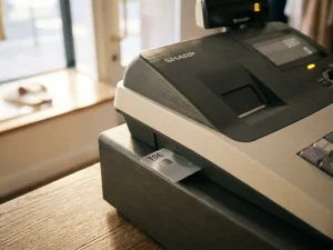 Sharp Registrierkasse auf Ladentresen mit teilweise ausgeworfener TSE-Sicherheitskarte und leuchtendem Amber-Warnsignal.
