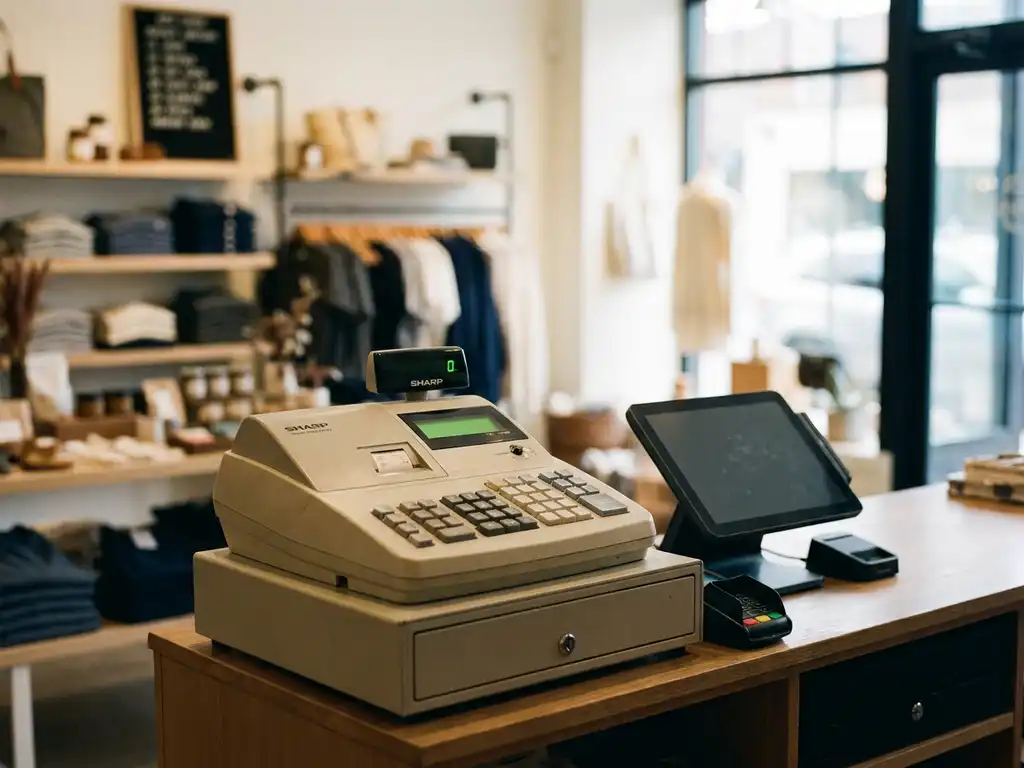 Sharp Kassenregister auf einem Ladentresen neben einem generischen POS-Terminal, kleines Boutique-Geschäft im Hintergrund.