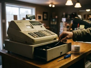 Techniker untersucht offene Kassenlade einer Sharp-Registrierkasse auf dem Ladentisch, Schraubenzieher und Bonrolle daneben.