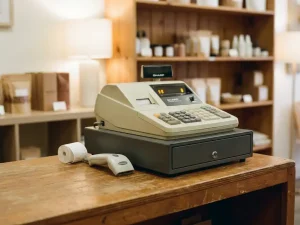 Kompakte Sharp-Registrierkasse auf Holztresen mit Barcode-Scanner und Kassenbon-Rolle in warmem Einzelhandels-Ambiente.