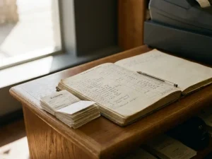 Handgeschriebenes Kassenbuch auf Holztresen neben Z-Berichten und Kugelschreiber, weiches Morgenlicht, Nahaufnahme.