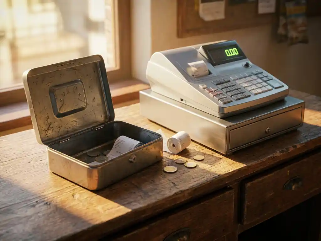 Offene Vintage-Blechkasse neben moderner Registrierkasse auf Holztresen, verbunden durch Euromünzen und Kassenbon, warmes Seitenlicht.