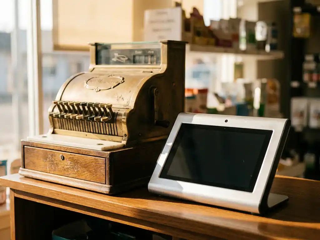 Vintage-Registrierkasse aus Messing neben modernem Android-POS-Terminal auf Holztheke, symbolisiert den Wandel im Einzelhandel.