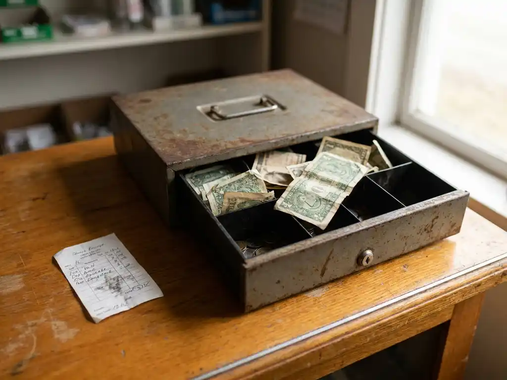 Offene Metallkassenschublade mit zerknitterten Banknoten auf einem Holztresen, daneben ein handgeschriebener Kassenbon.