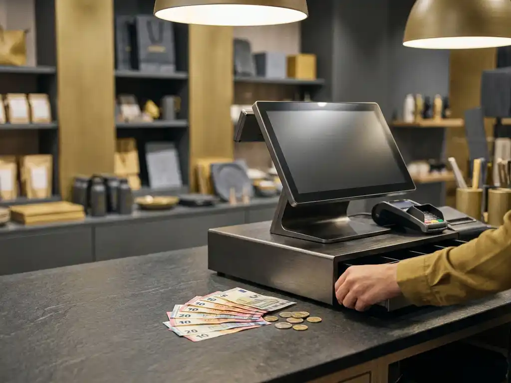 Euro-Scheine und Münzen neben einem modernen Kassenterminal auf einem Einzelhandelstresen in warmem Licht.
