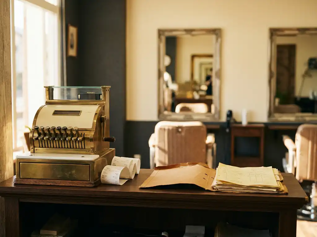 Friseursalon-Empfangstresen mit klassischer Registrierkasse, Kassenbelegen und Dokumentenmappe im warmen Abendlicht.