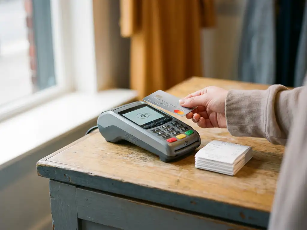 Kundenhand hält kontaktlose Bankkarte an ein POS-Terminal auf einem Ladentresen neben Kassenbons, natürliches Seitenlicht.