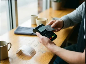Kellner hält Kartenterminal am Café-Tisch, Kunde tippt kontaktlos mit Bankkarte, Trinkgeldbetrag auf dem Display sichtbar.
