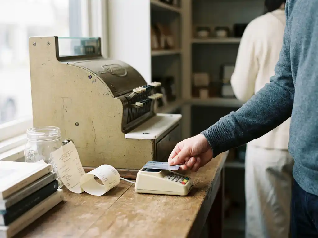 Kunde tippt Bankkarte auf kompaktes Kartenlesegerät neben einer Registrierkasse auf Holztresen, Kassenbon daneben.