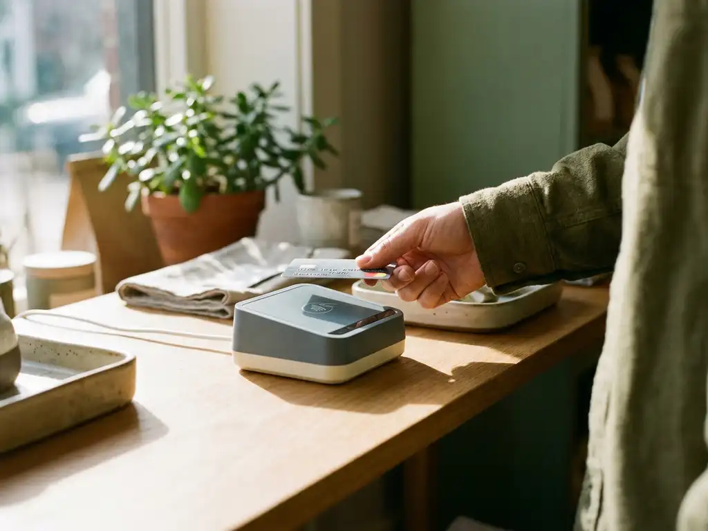 Kundenhand hält Bankkarte über kontaktloses Zahlungsterminal auf Ladentheke, natürliches Licht, flache Schärfentiefe.