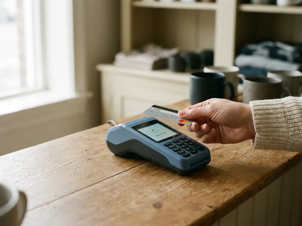 Kontaktlose Kartenzahlung an einem POS-Terminal auf einem Holztresen in einem Einzelhandelsgeschäft.