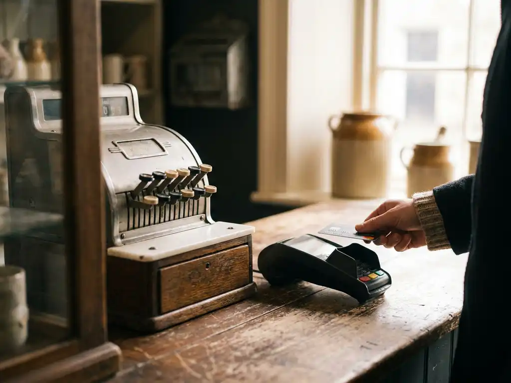 Traditionelle Registrierkasse neben modernem Kartenterminal auf Holztresen, Kundenhand hält kontaktlose Karte darüber.