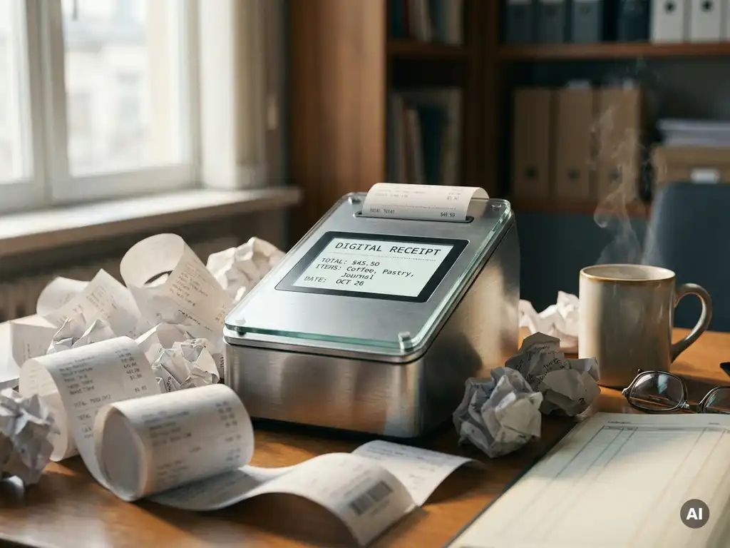 Modernes POS-Terminal mit digitalem Bon neben zerknüllten Thermobons auf einem Schreibtisch mit Kaffeetasse.
