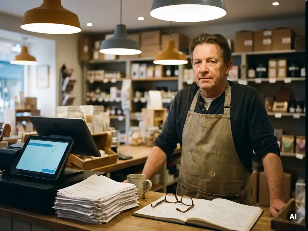 Kleinunternehmer an überfülltem Ladentresen mit modernem POS-Terminal, Papierrechnungen und aufgeschlagenem Kassenbuch.