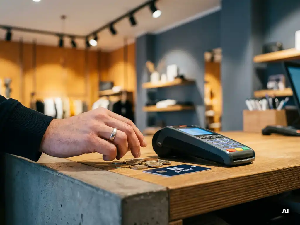 Händlerhand zögert über Euromünzen und Girocard an modernem Kassenterminal im Einzelhandel.