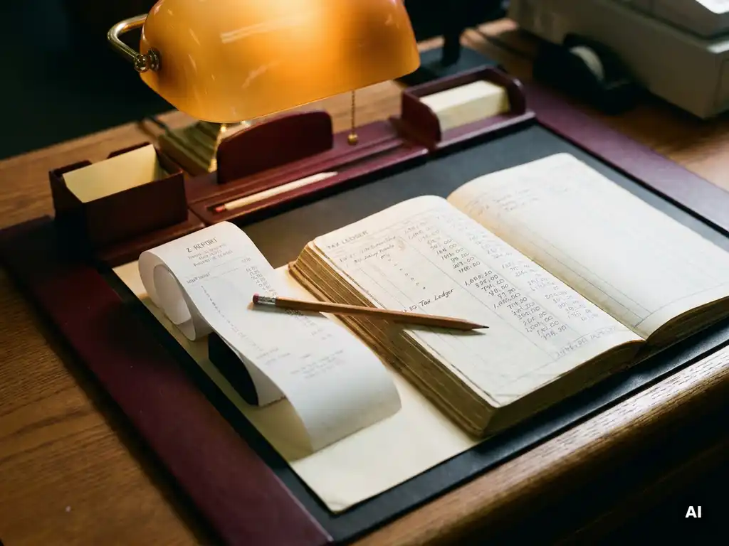 Gedruckter Z-Bericht neben aufgeschlagenem Steuerhauptbuch mit abweichenden Zahlen, Bleistift quer über den Dokumenten, warmes Bernsteinlicht.