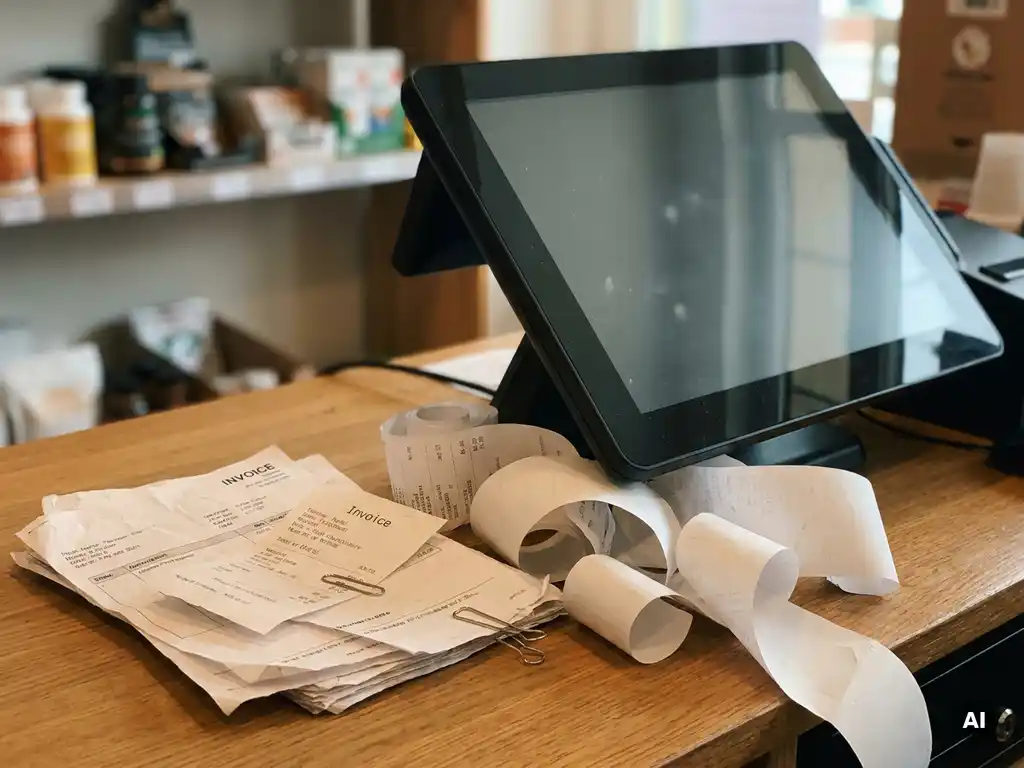 Modernes POS-Terminal neben unordentlichem Stapel gedruckter Rechnungen und Kassenbonrolle auf Ladentheke.