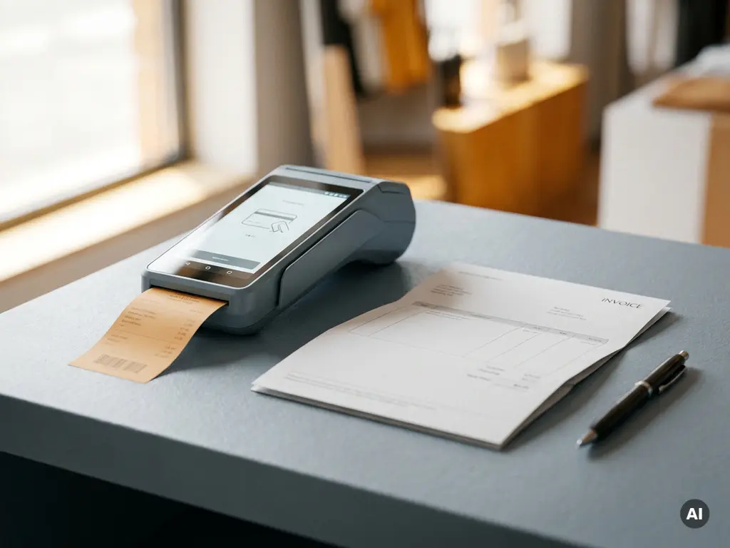 POS-Terminal mit gedrucktem Kassenbon und formeller Rechnung auf einem Ladentresen, Kugelschreiber daneben, warmes natürliches Licht.