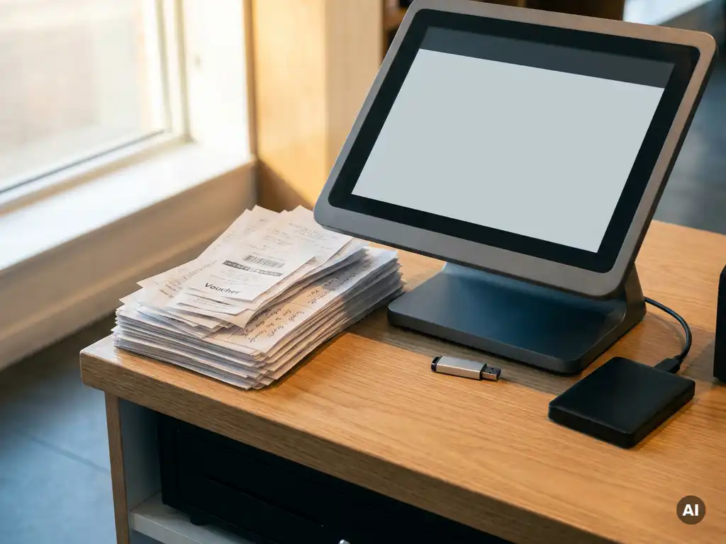Kassenbelege, Gutscheine und handgeschriebene Rechnungen neben modernem POS-Terminal mit USB-TSE auf Holztresen.