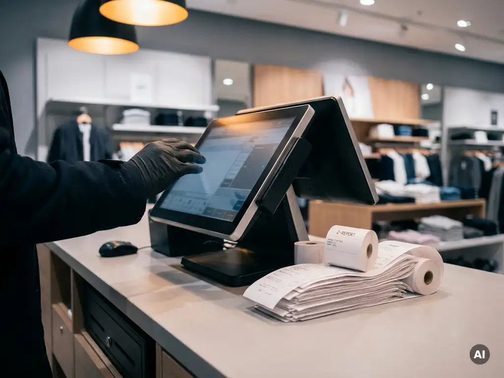 Steuerprüfer-Hand über geöffneter POS-Kasse mit gestapelten Z-Berichten und Kassenbons auf Ladentheke.